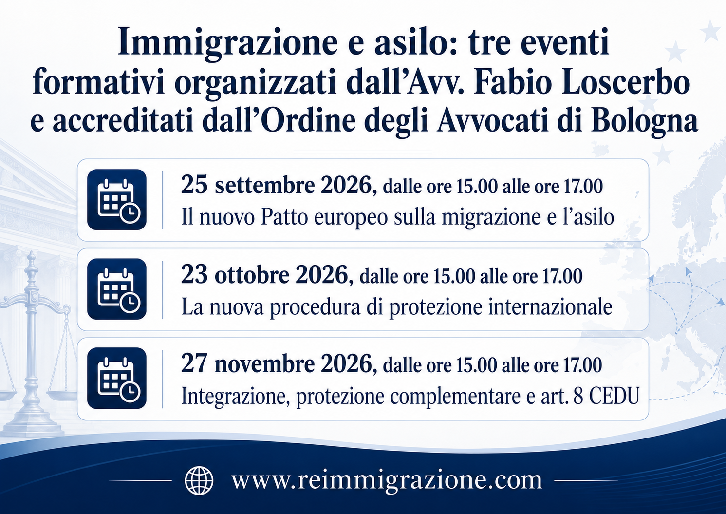 Immigrazione e asilo: tre eventi formativi organizzati dall’Avv. Fabio Loscerbo e accreditati dall’Ordine degli Avvocati di Bologna
